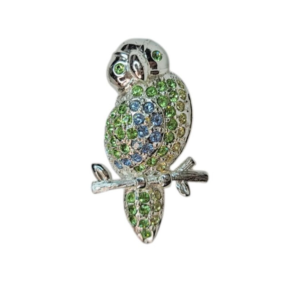 Vintage Monet Silver Tone Owl Bird Green Blue Rhinestones Brooch Pin - Picture 3 of 6